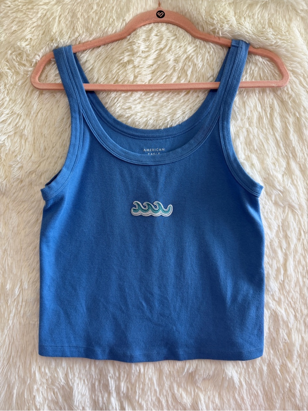 American Eagle Womens Cropped Ribbed Tank Top L Blue Stretch Indie Surf Skater